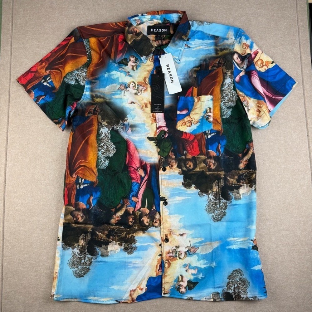 Reason Shirt Mens L Multicolor Renaissance Religious Art Button Up NWT